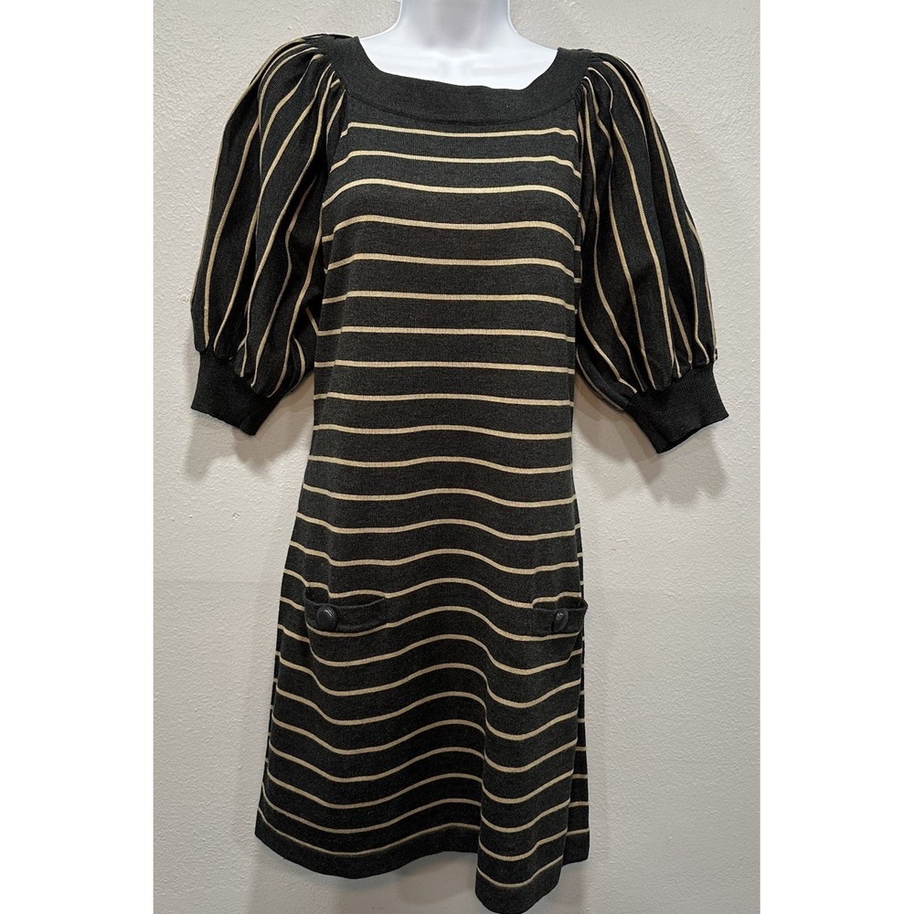 Jessica H Sweater Dress Womens Large Gray Tan Stripes W/Pockets Short Sleaves